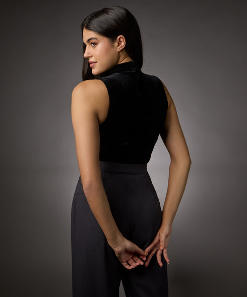 High Neck Sleeveless Velvet Top- Black