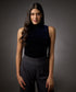 High Neck Sleeveless Velvet Top-Navy Blue