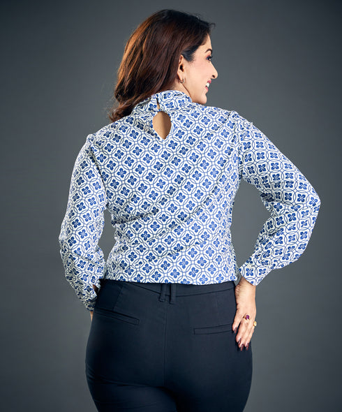 Blue Floral Printed Chiffon Neck Top