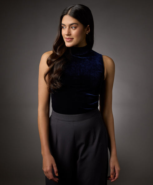 High Neck Sleeveless Velvet Top-Navy Blue