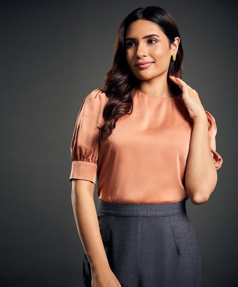 Satin Puffed Sleeve Brown Top