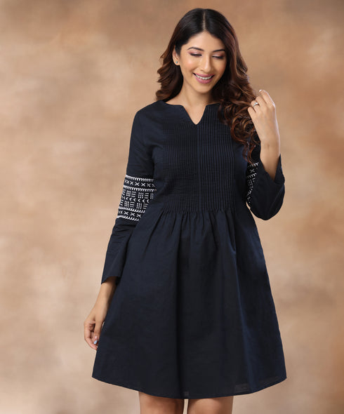 Pintuck Sleeve Embroidered Linen Navy Dress