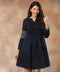 Pintuck Sleeve Embroidered Linen Navy Dress
