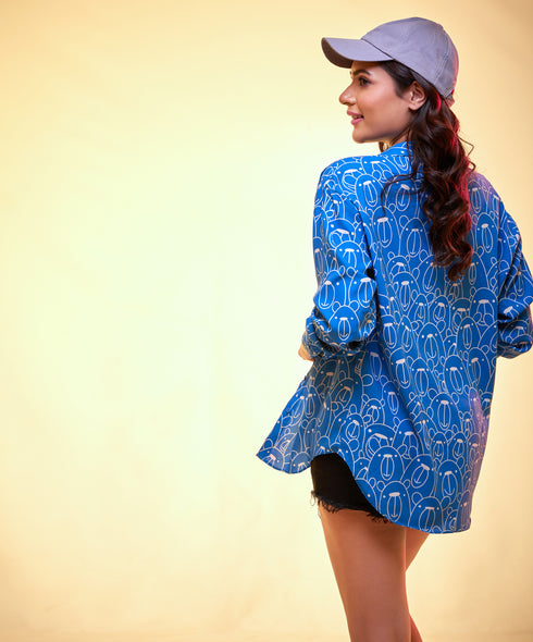 Oversized Chiffon Blue Bear Printed Shirt