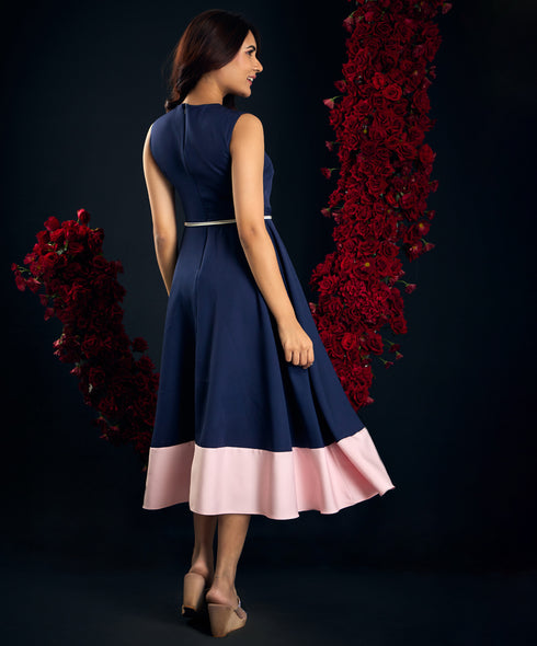 Blue And Pink Contarst Midi Dress