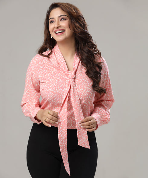 Neck Tie Long Sleeve Printed Top