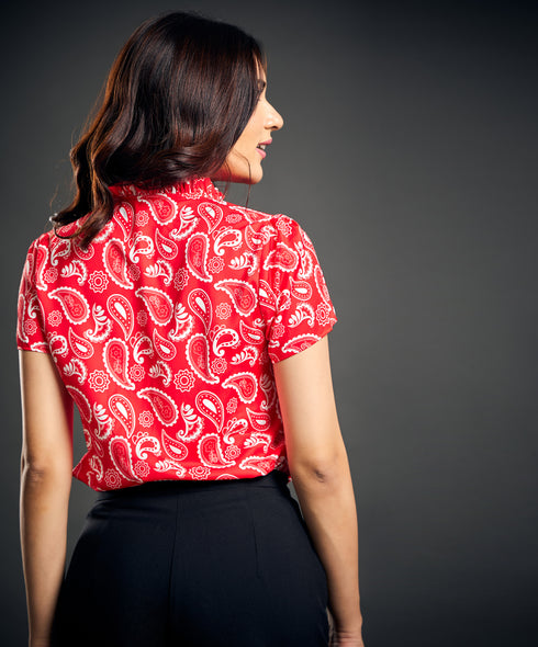Front Vneck Red Paisley Printed Top
