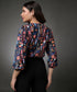 Long Sleeve Round Neck Printed Navy Chiffon Top