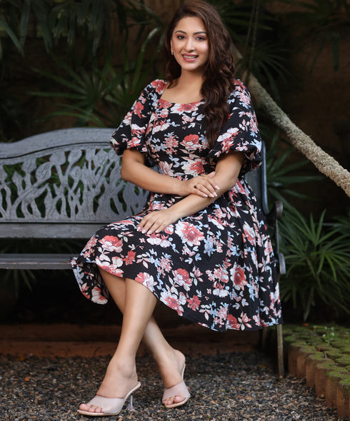 Puffed Sleeve Cotton Mini Dress