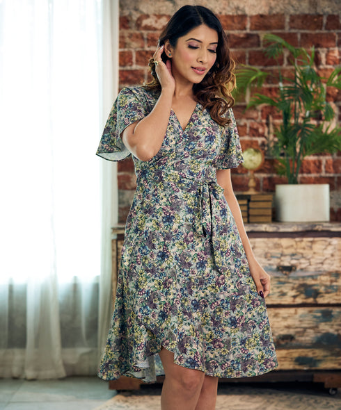 Vneck Sleeve Flared Dress