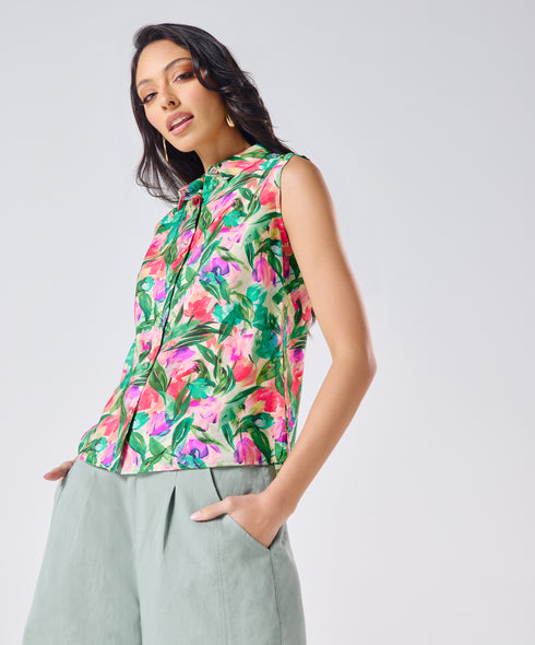 Sleeveless Printed Shirt Top