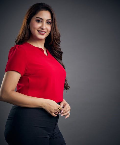 Neck Detailed Short Sleeve Red Top