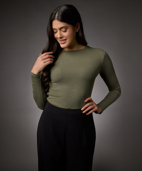 Long Sleeve Round Neck Rib Top- Khaki Green