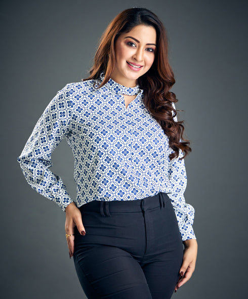 Blue Floral Printed Chiffon Neck Top