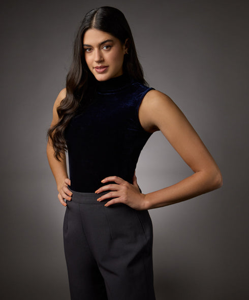 High Neck Sleeveless Velvet Top-Navy Blue