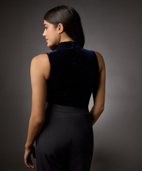 High Neck Sleeveless Velvet Top-Navy Blue