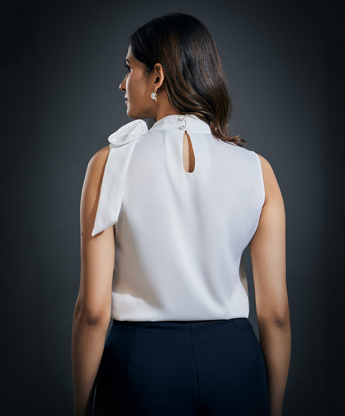 Neck Bow Tie Sleeveless Top-White