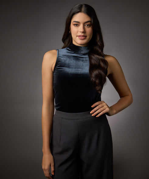High Neck Sleeveless Velvet Top- Grey