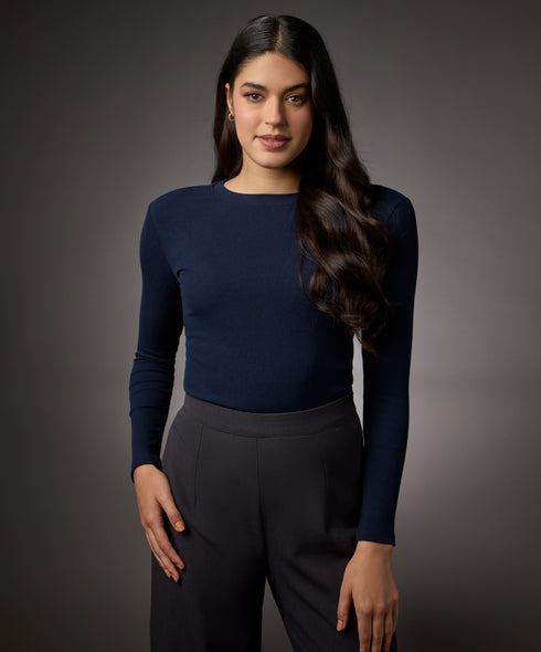Long Sleeve Round Neck Rib Top- Navy Blue
