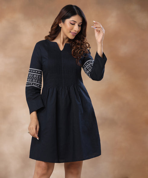 Pintuck Sleeve Embroidered Linen Navy Dress