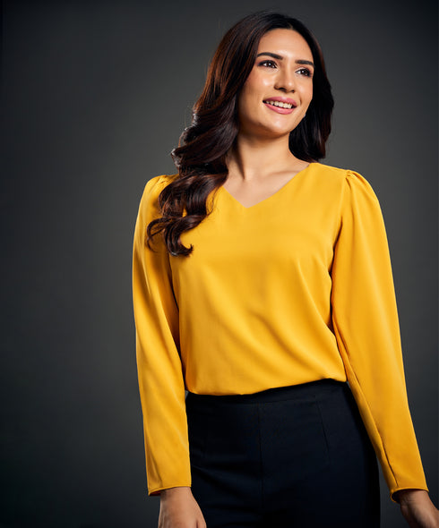 Vneck Detailed Chiffon Yellow Top