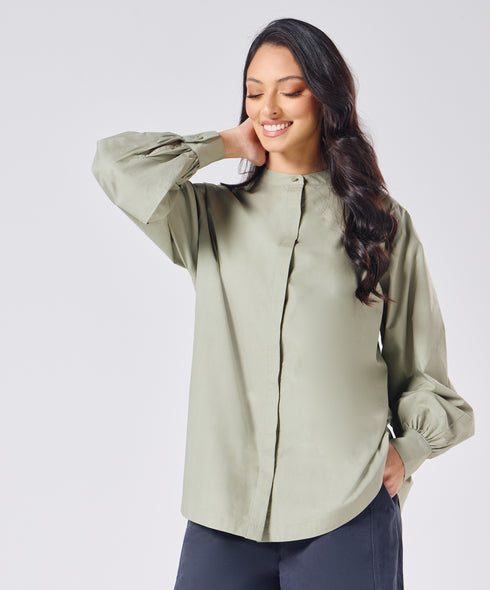 Mandarin Collar Cotton Oversized Shirt- Light Grey
