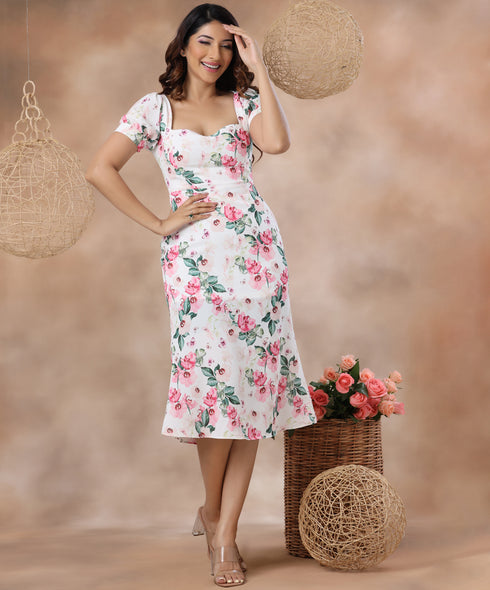 Square Neck Printed Midi Dress