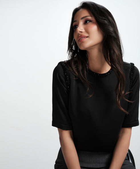 Neck And Arm Hole Beaded Chiffon Top-Black