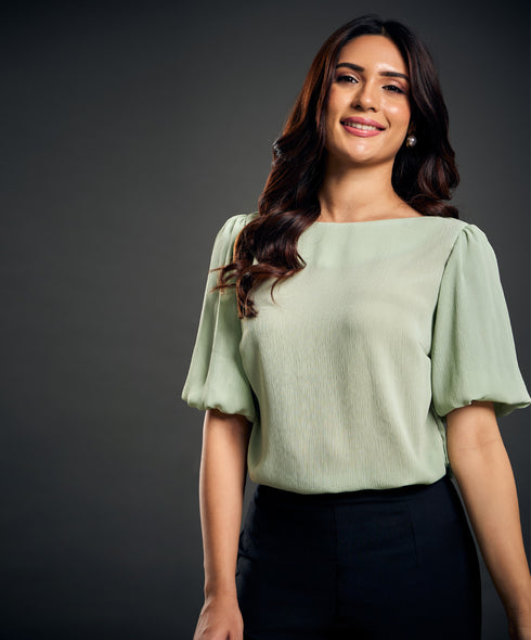 Wide Neck Crushed Olive Formal Top