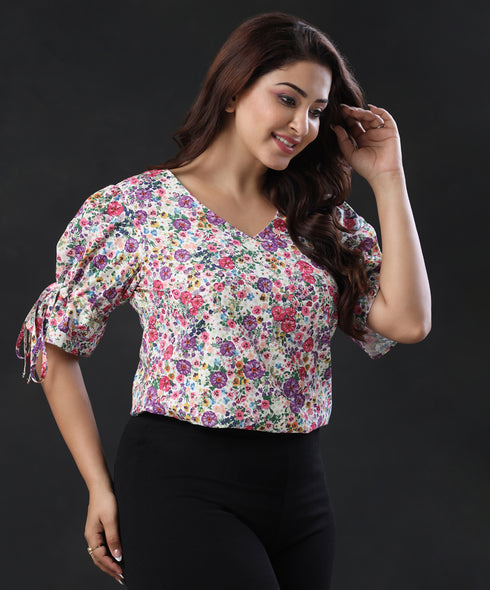 Vneck Printed Sleeve Detailed Top