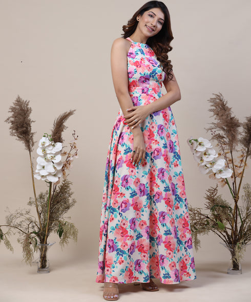 Halter Neck Floral Printed Chiffon Maxi