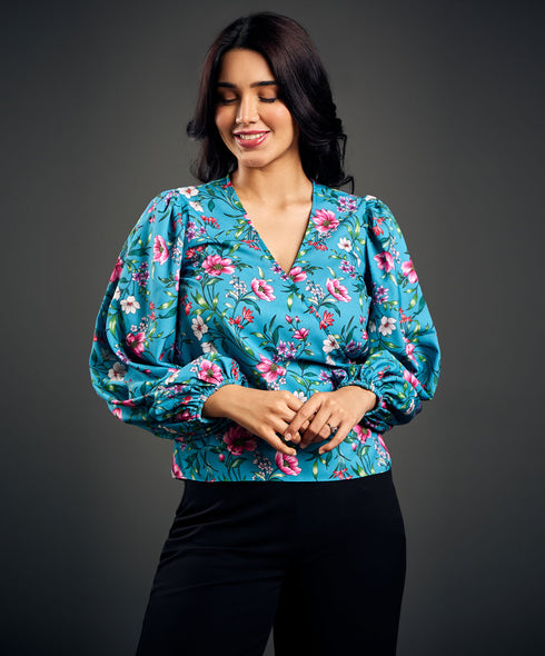 Sleeve Detailed Printed Waist Tie Top