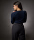 Long Sleeve Round Neck Rib Top- Navy Blue