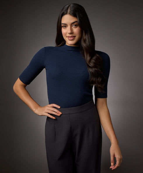 Short Sleeve High Neck Rib Top- Navy Blue