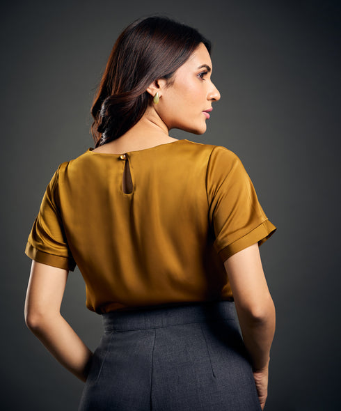 Drop Shoulder Boat Neck Brown Top