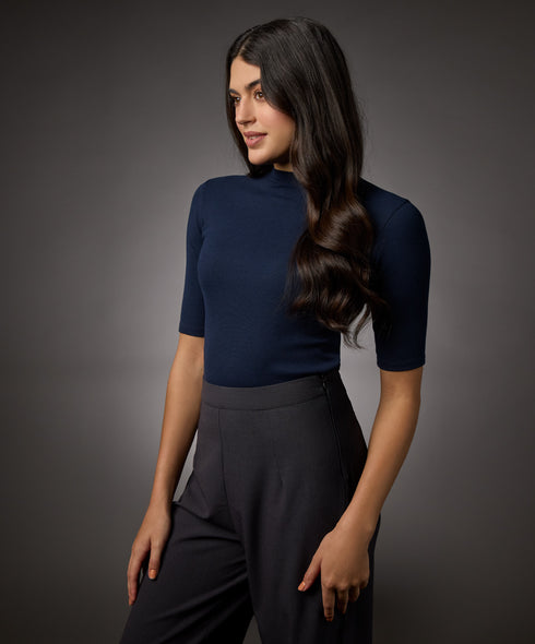 Short Sleeve High Neck Rib Top- Navy Blue