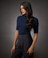 Short Sleeve High Neck Rib Top- Navy Blue