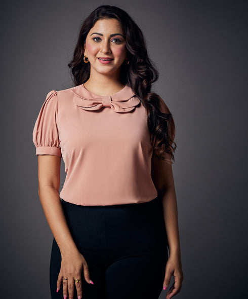 Peterpan Collar Sleeve Elasticated Brown Top