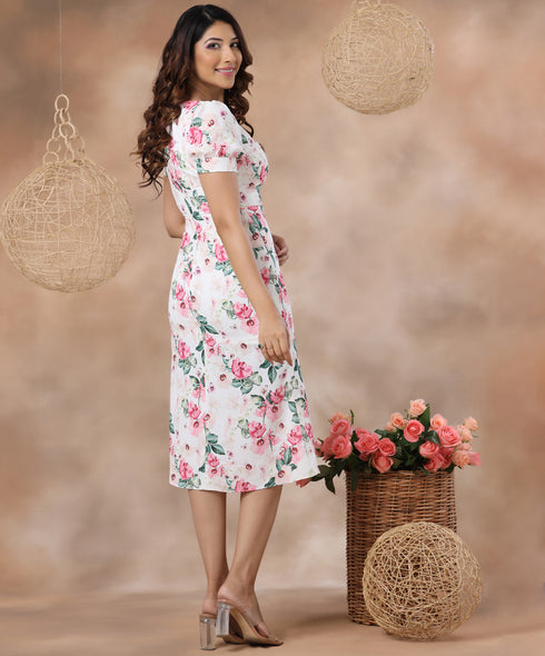 Square Neck Printed Midi Dress