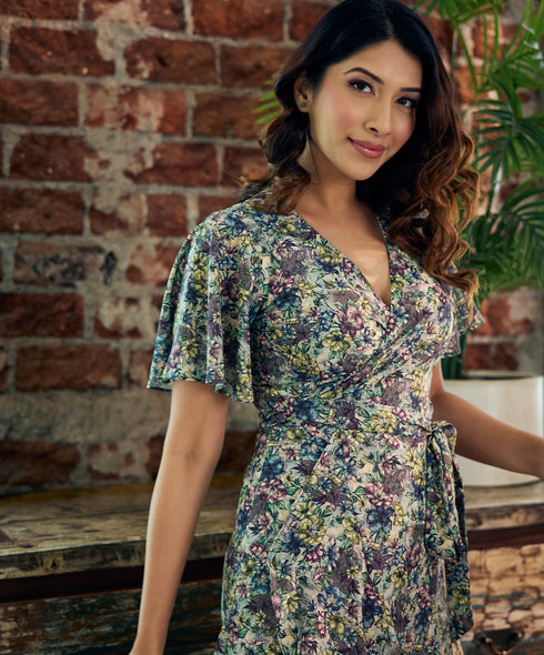 Vneck Sleeve Flared Dress