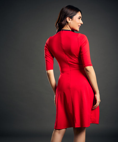 Neck Contrast A-line Red Dress