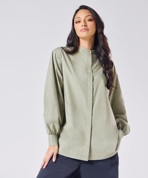 Mandarin Collar Cotton Oversized Shirt- Light Grey