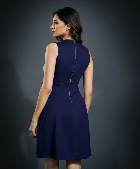 Navy & Green Side Paneled Ponte Dress