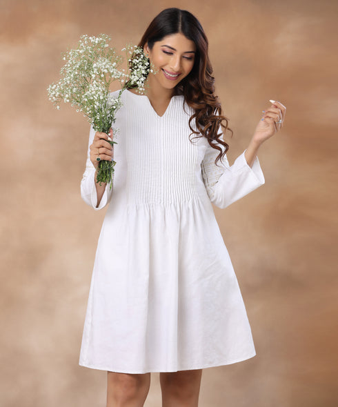 Pintuck Embroidered Linen White Dress
