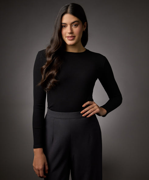 Long Sleeve Round Neck Rib Top- Jet Black