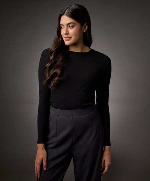 Long Sleeve Round Neck Rib Top- Jet Black