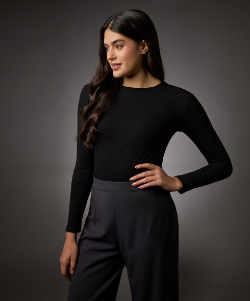Long Sleeve Round Neck Rib Top- Jet Black