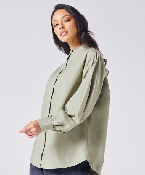 Mandarin Collar Cotton Oversized Shirt- Light Grey