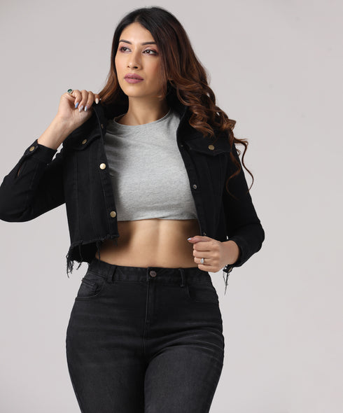 Flap Pocket Raw Hem Denim Jacket