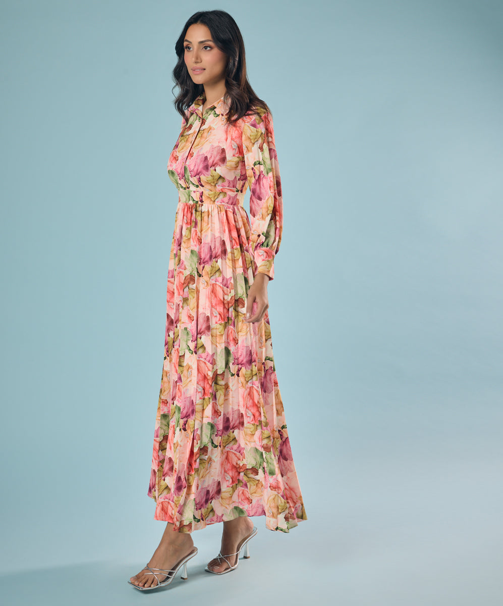 Pleated Printed Chiffon Shirt Dress – Zigzag